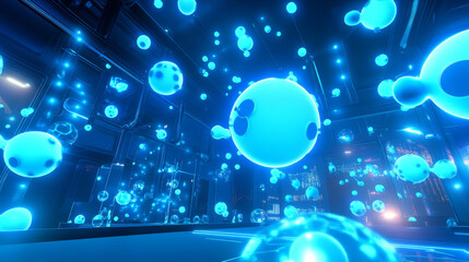 Metaverse. Abstract polygonal 3D man in VR device touching virtual blue model of molecule. Low poly wireframe science, education or medicine digital concept. Polygons and connected dots