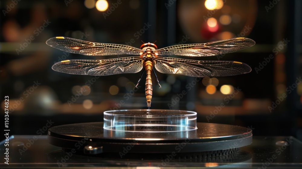 Poster a detailed display of a dragonfly specimen on a rotating stand in a showcase.