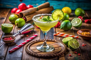 Classic Margarita Cocktail on a Rustic Wooden Table with Fresh Ingredients and a Vibrant Lime Garnish, Capturing the Essence of Mexican Cuisine and Summer Refreshments