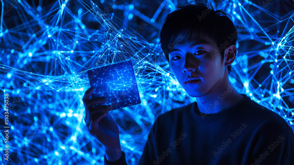 Poster man holding card in flight from abstract polygonal points blue. low poly, lines and connected to for