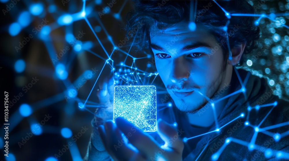 Poster man holding card in flight from abstract polygonal points blue. low poly, lines and connected to for