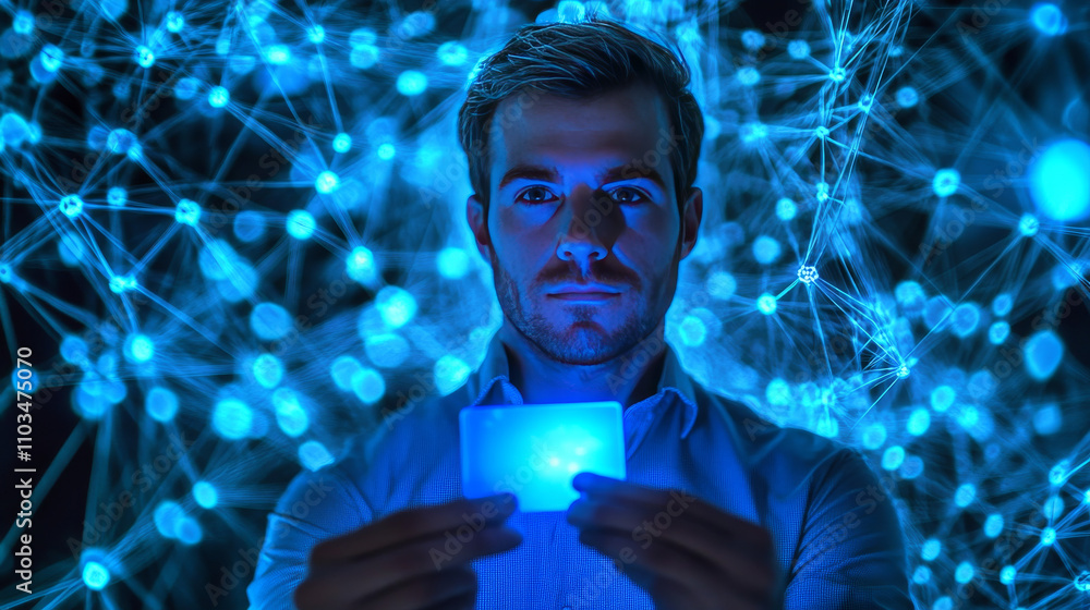 Poster man holding card in flight from abstract polygonal points blue. low poly, lines and connected to for