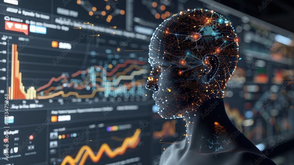 Aufkleber a digital representation of a human head with data visualizations in the background.