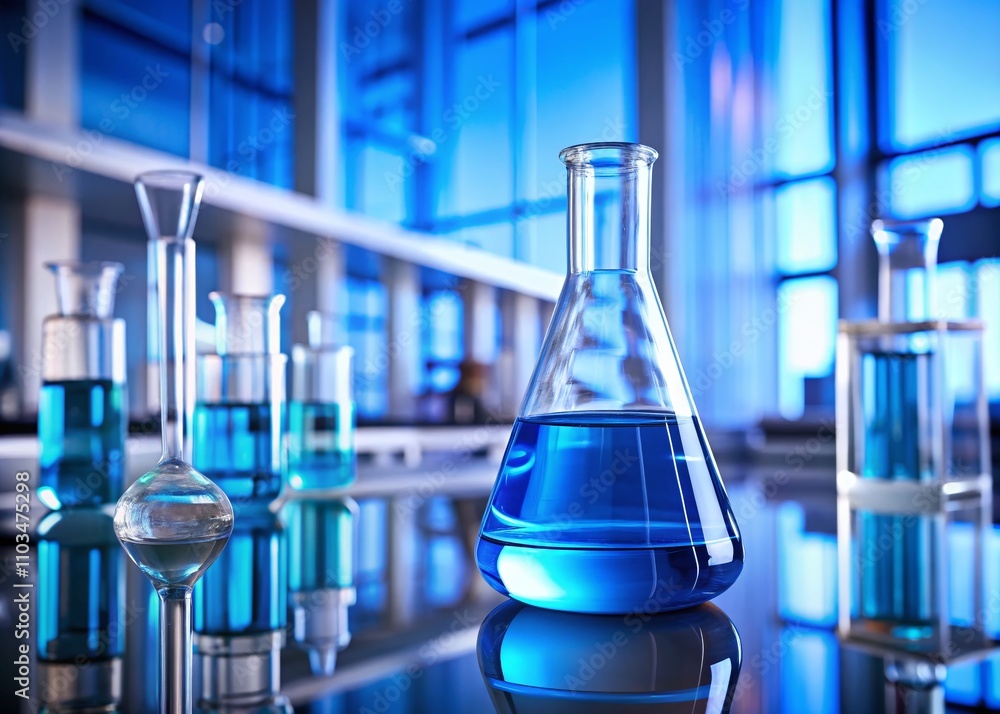 Poster clear laboratory flask filled with vibrant blue liquid, surrounded by a modern lab environment empha