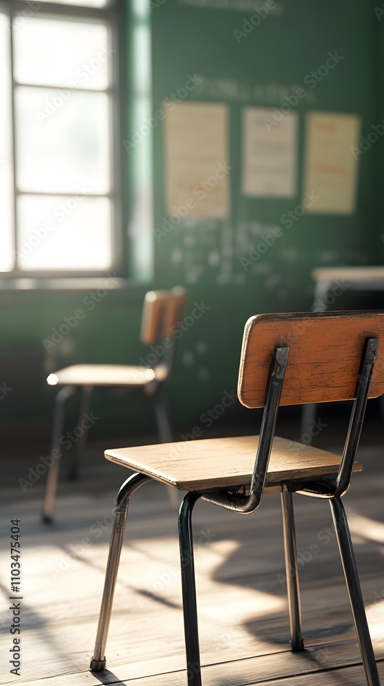 Poster a quiet classroom scene with empty chairs and soft sunlight filtering through the window.