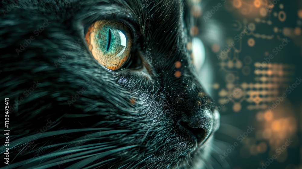 Poster close-up of a black cat's face with digital elements in the background.