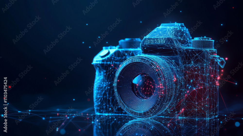 Poster abstract vector image of camera. low poly wire frame illustration. lines and dots. rgb color mode. p