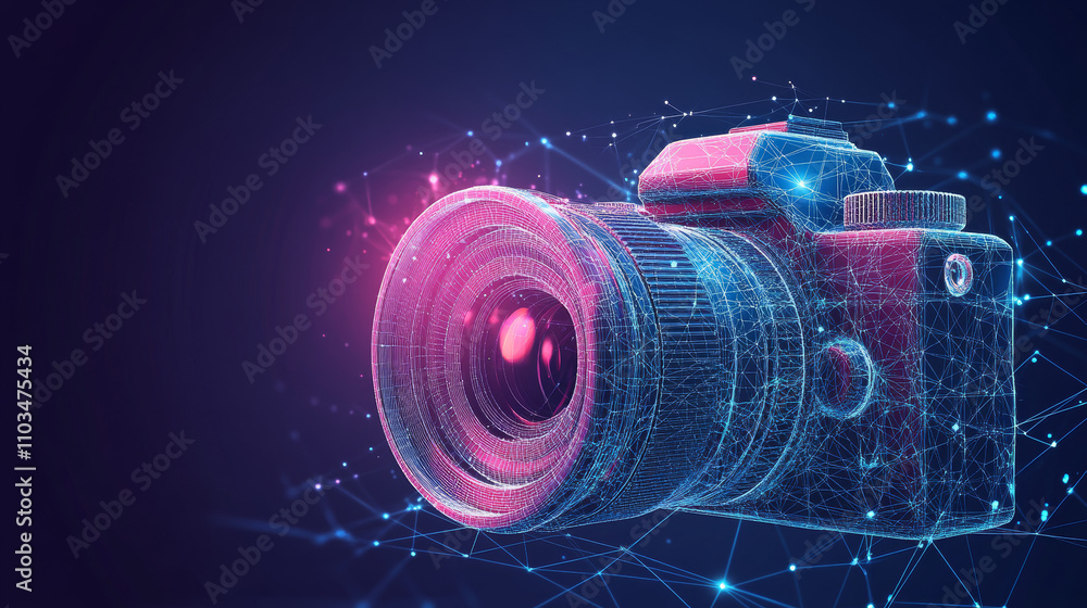Poster abstract vector image of camera. low poly wire frame illustration. lines and dots. rgb color mode. p