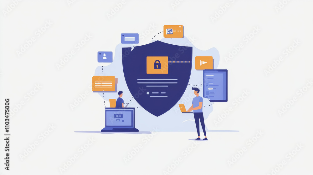 Poster security shield. digital technology protect sign. cyber security and information or network protecti