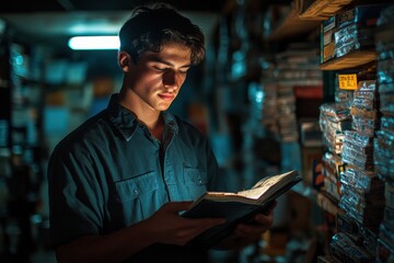 Fototapeta premium Young Man Reading in Dim Office Storeroom