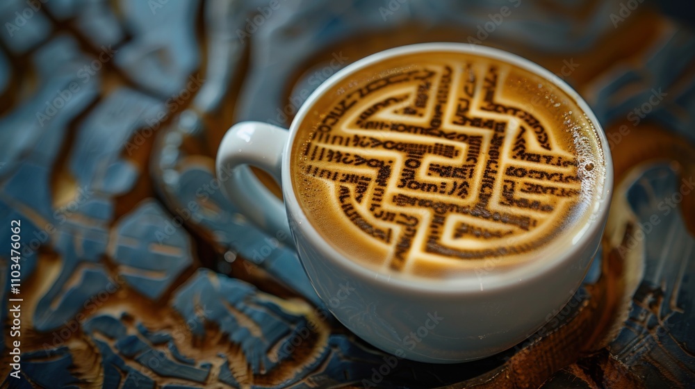 Poster a coffee cup with intricate latte art resembling a symbolic pattern.