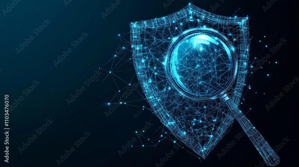 Wall mural inspections system. magnifying glass and knight shield. security. check and protection. glitch low-p