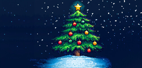 Obraz premium Vintage Pixel Christmas Decorations: Festive Ornaments and Star in Colorful Retro Art Style