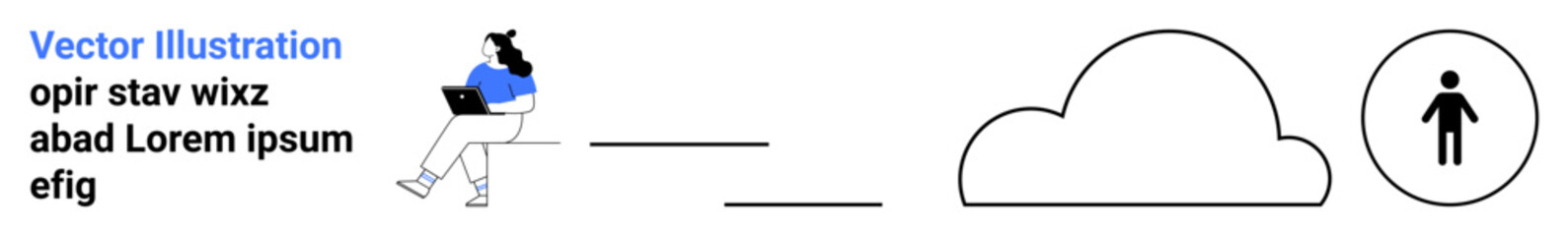 Computer user with laptop, random text, flowing lines, cloud, and person symbol. Ideal for technology, digital security, cloud computing, remote work, web development, online collaboration