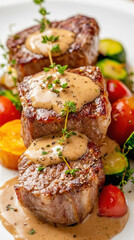 Grilled beef tenderloin medallions with sauce and vegetables decorating plate