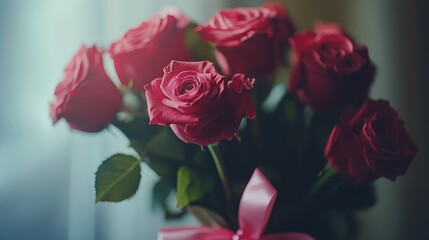 A bouquet of red roses tied with a pink satin ribbon.