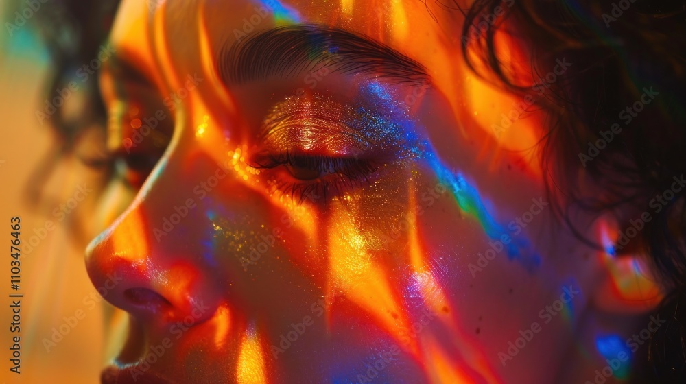Poster a close-up of a face illuminated by colorful light patterns, creating an artistic effect.