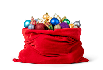 Big red Santa Claus bag with Christmas tree toys, isolated on a transparent background png