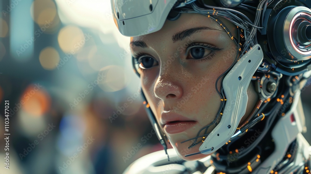 Poster a close-up of a humanoid robot with intricate details and a lifelike expression.