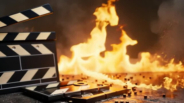 Cinematic Film Clapperboard Surrounded by Dramatic Flames Creative Background for Movie Production and Excitement in Filmmaking