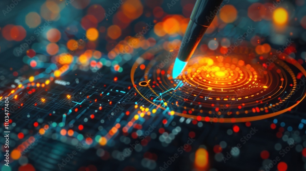 Poster a digital pen interacts with a glowing data visualization on a futuristic interface.
