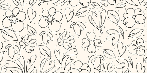 Floral Seamless Pattern with Grunge Effect. Retro herbs drawn with pencil. Artistic sketch of plants and herbs 