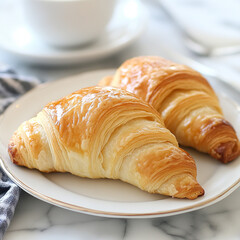 Delicious croissants served on a plate cozy kitchen food photography warm ambiance close-up ai generate culinary delight