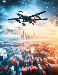 A plane flying over a cityscape filled with shipping containers at sunset.