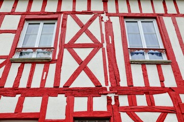 Windows of typical half-timber house in medieval city of Provins, France.