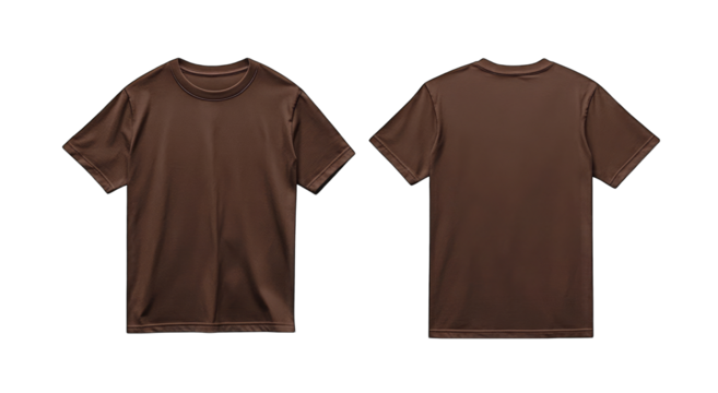 A plain brown t-shirt mockup with front and back views,  on a transparent PNG white background.