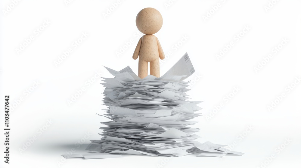 Poster wooden figure stands on large pile of papers, symbolizing overwhelming tasks and challenges. scene c