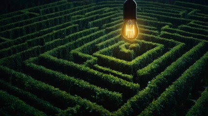 "3D Render of a Maze with a Glowing Light Bulb at the Core"
