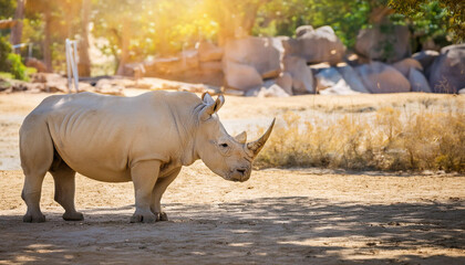 White Rhinoceros Standing in a Sunny and Copy Space