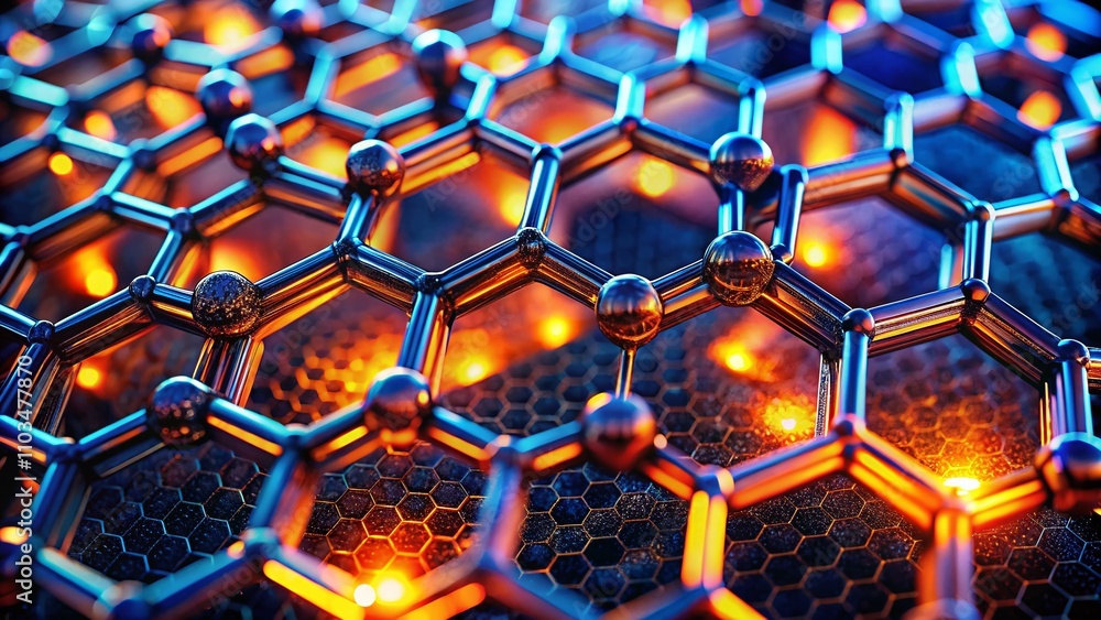 Aufkleber close-up of a carbon nanostructure with hexagonal pattern and orange neon glow, showcasing intricate