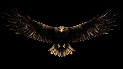 A majestic eagle in flight with outstretched wings against a dark background.
