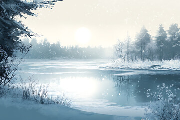Fototapeta premium A calm frozen lake framed by a snowy shoreline and distant frost-covered trees, evoking peace and winter serenity