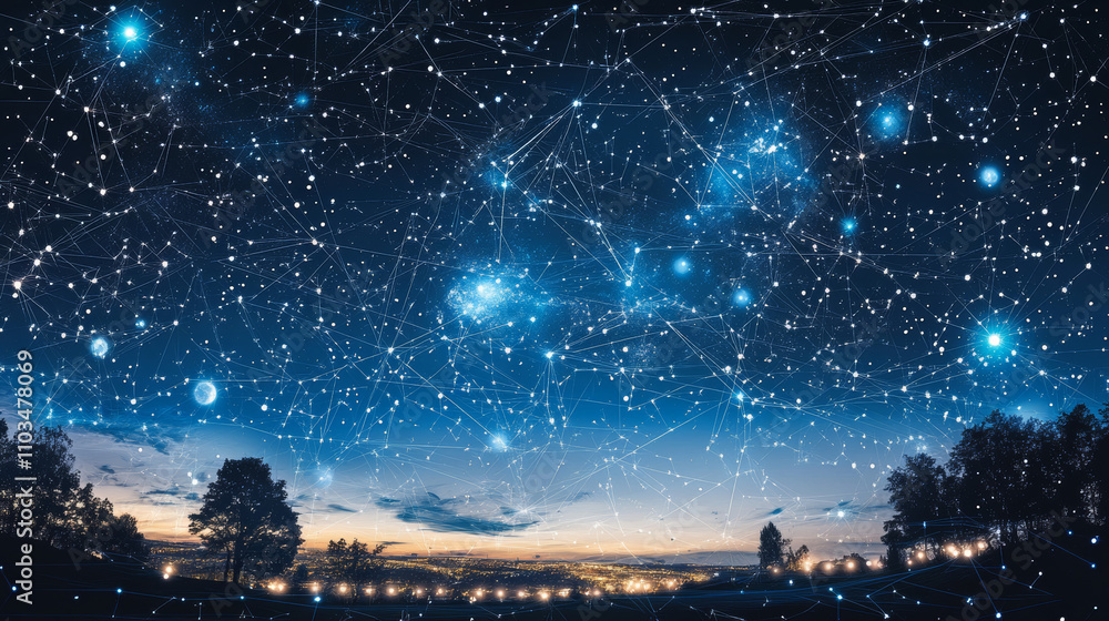 Poster abstract image of a target in the form of a starry sky or space, consisting of points, lines, and sh