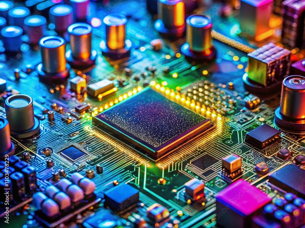 Poster close-up of a computer motherboard circuit board displaying intricate electronic components includin