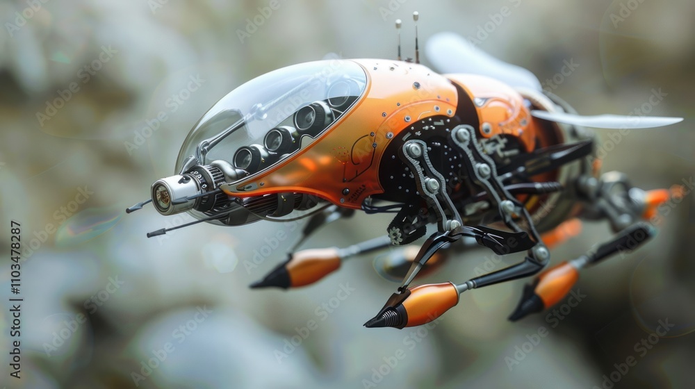 Poster a futuristic robotic insect with intricate design and mechanical features.