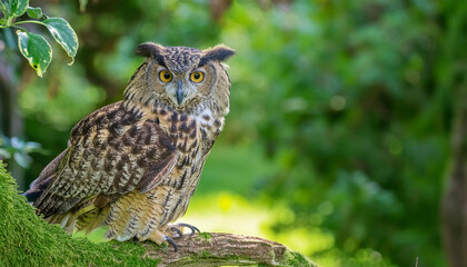 Obraz premium A Wise Owl Perched on Tree in a Lush Garden and Copy Space
