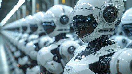 Fototapeta premium A row of futuristic robots with sleek designs in a high-tech environment.