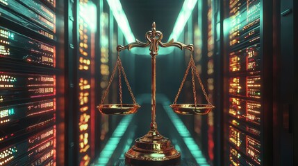 A golden scales of justice stand tall in a futuristic server room, symbolizing the intersection of law and technology.