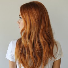 Fototapeta premium Stylish Woman with Long Red Wavy Hair and Casual White Top