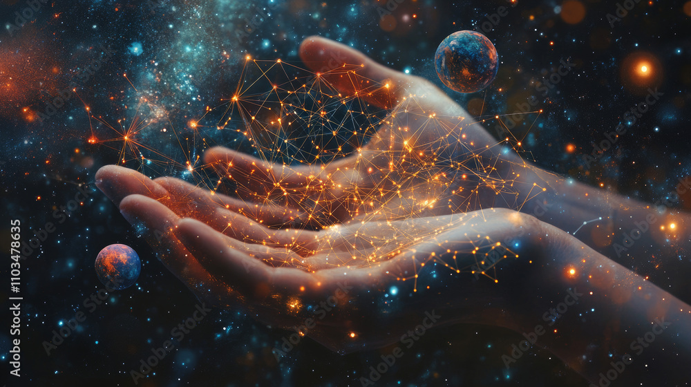 Poster abstract image of a holding global in hands in the form of a starry sky or space, consisting of poin