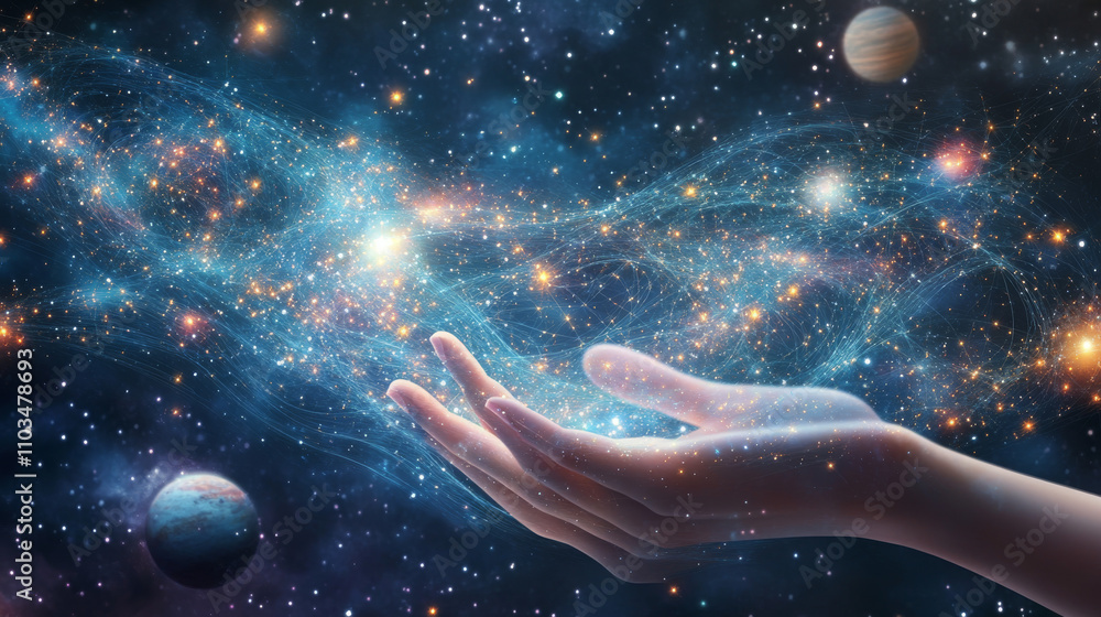 Poster abstract image of a holding global in hands in the form of a starry sky or space, consisting of poin