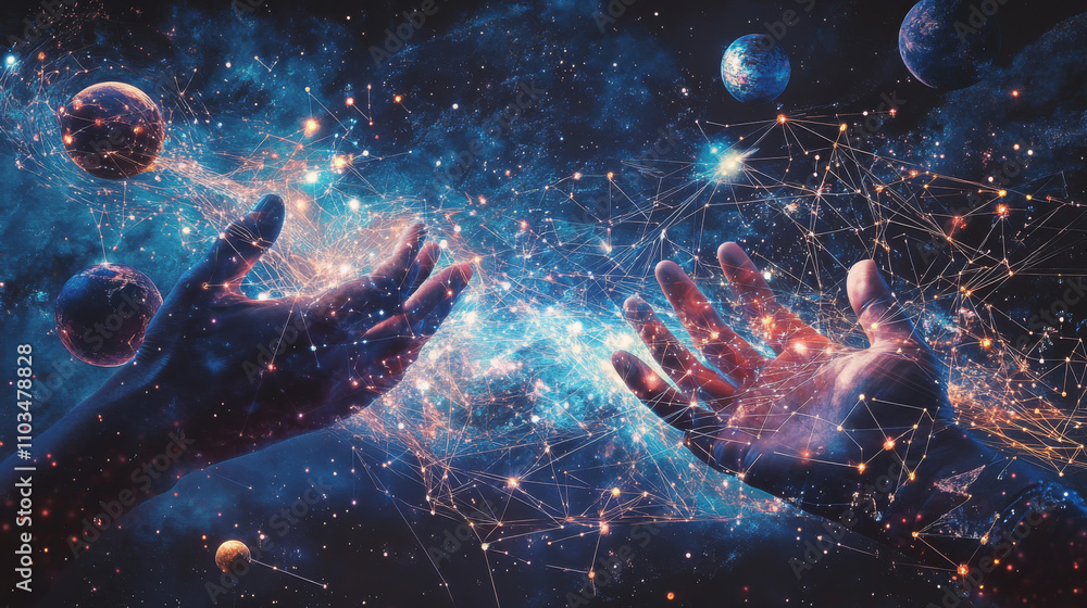 Poster abstract image of a holding global in hands in the form of a starry sky or space, consisting of poin