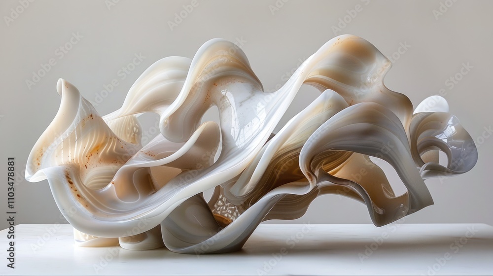 Poster a fluid, abstract sculpture showcasing elegant curves and translucent layers.