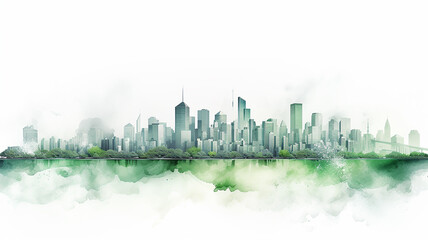Fototapeta premium green eco silhouette of the city, illustration on a white background, cityline liquid paint, insulated print, logo