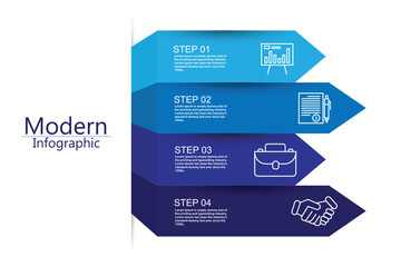 Modern infographic template. Big paper arrow of 4 blue horizontal strips. Can be used for graph, chart, report, presentation