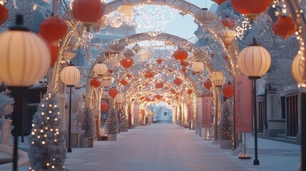 A festive archway adorned with lanterns and banners.